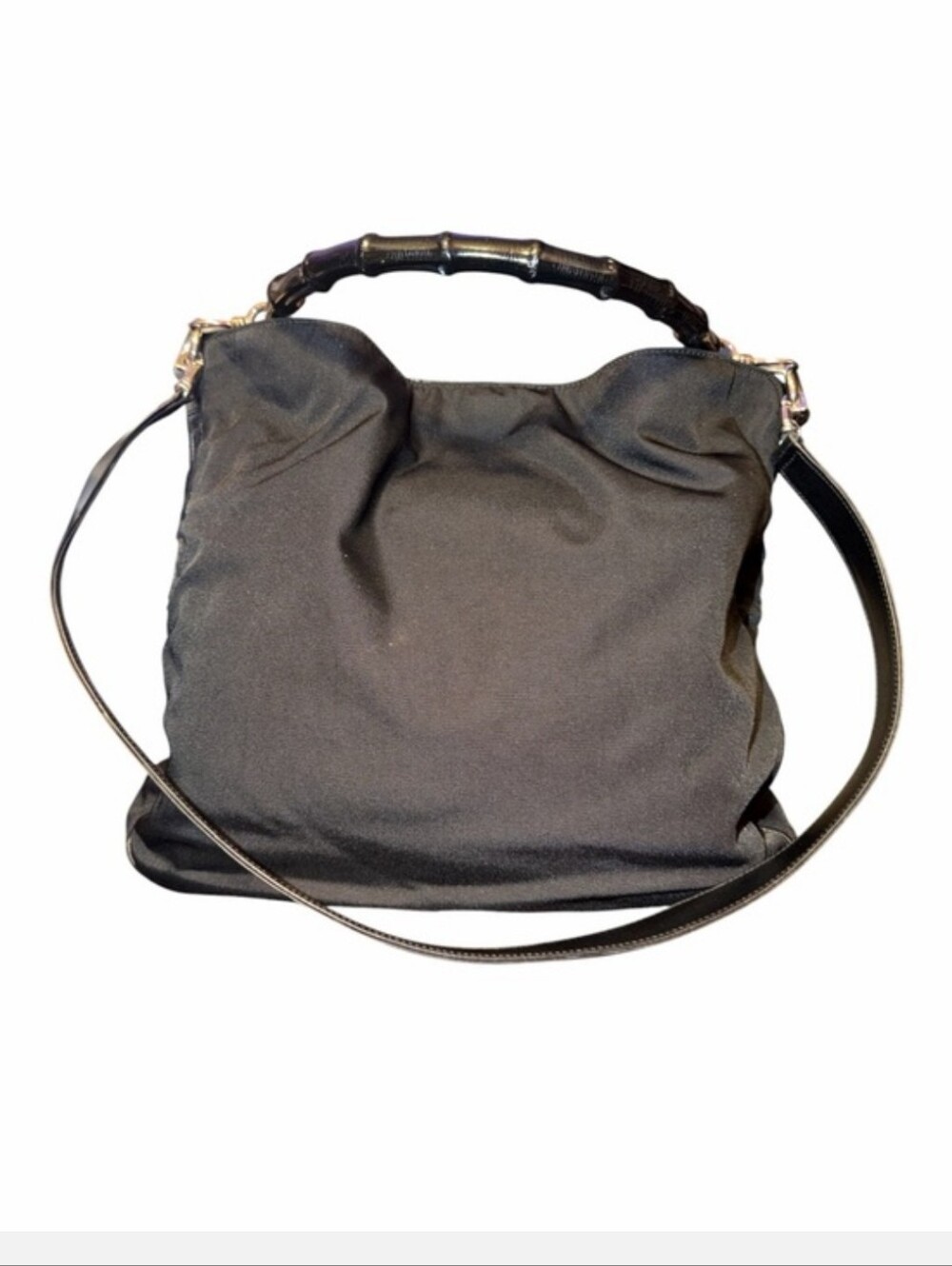 Gucci Black Nylon VINTAGE Bamboo Handle Hobo Bag EUC